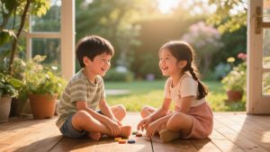 Five-year-old playing pretend at home