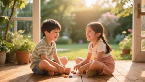 Five-year-old playing pretend at home