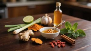 Natural kitchen remedies with herbs and spices from around the world