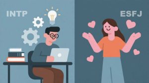 Illustration of the differences between INTP and ESFJ personalities in the MBTI — one is quiet and logical, one is friendly and empathetic.