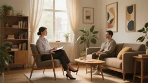 Photorealistic image of a mental health therapy session in a cozy counseling room.