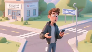 Illustration of a person standing at a crossroads, choosing between a psychologist’s office and the internet for mental health advice.