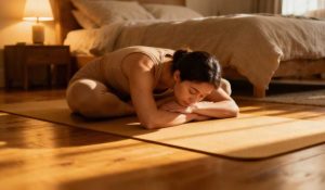 Practicing a simple yoga pose like Child’s Pose before sleep.